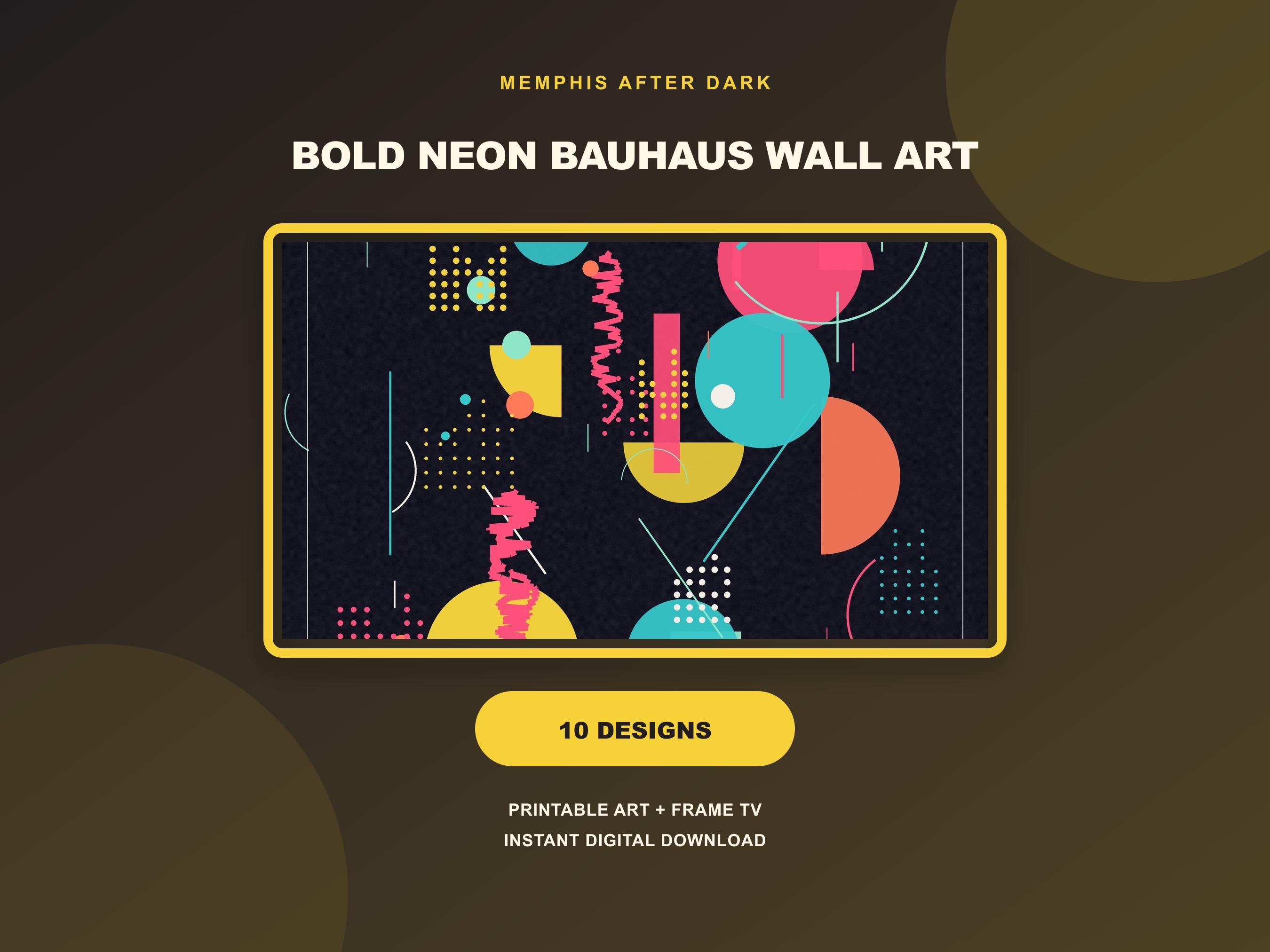 Memphis After Dark Bauhaus Wall Art Set of 10, Bold Neon Geometric Gallery Wall