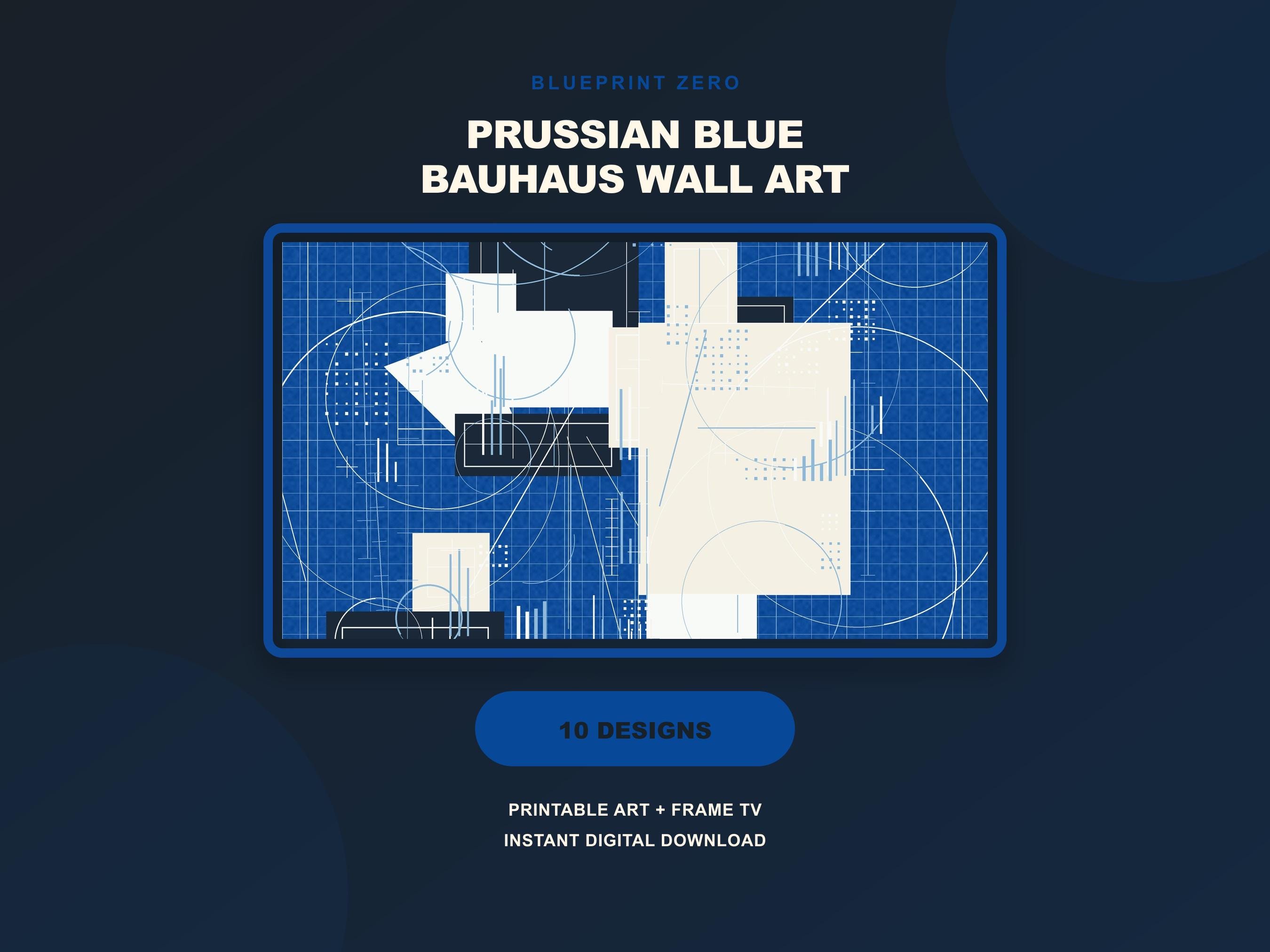 Blueprint Zero Bauhaus Wall Art Set of 10, Prussian Blue Architectural Gallery Wall