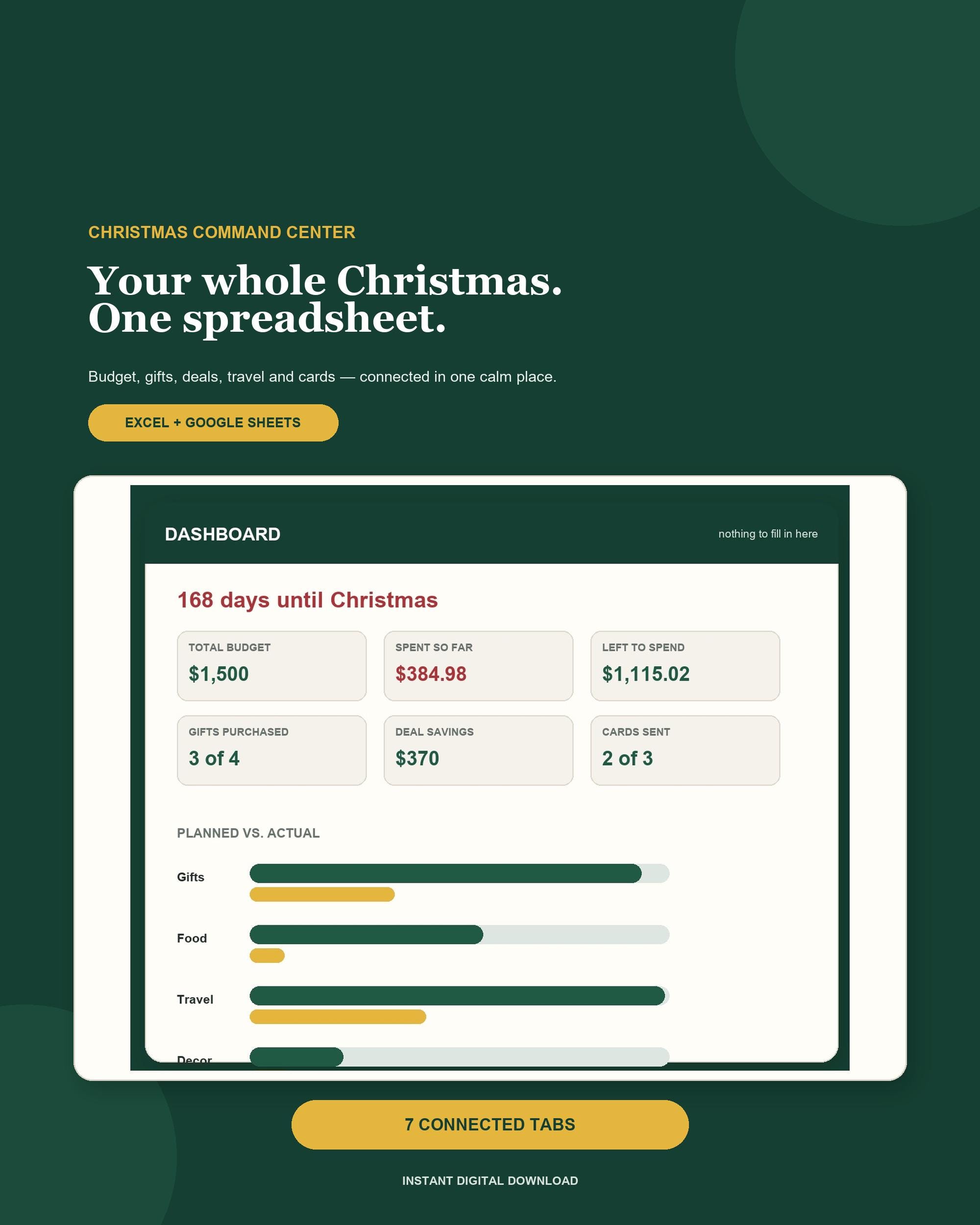 Holiday Budget Spreadsheet & Christmas Planner 2026, Gift Tracker, Black Friday Deals, Card List