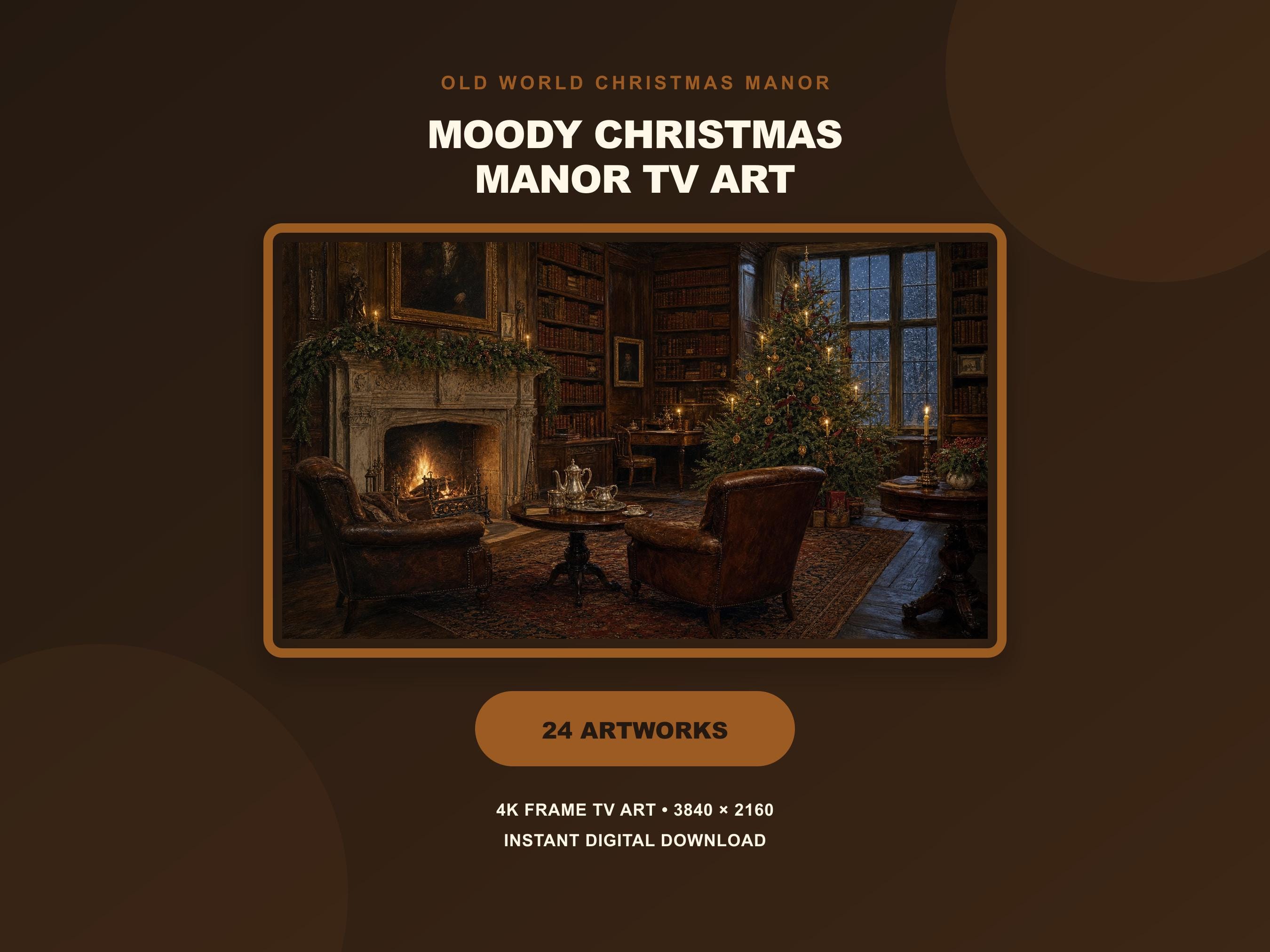Moody Christmas Samsung Frame TV Art Set of 24, Vintage Victorian Manor Fireplace Bundle