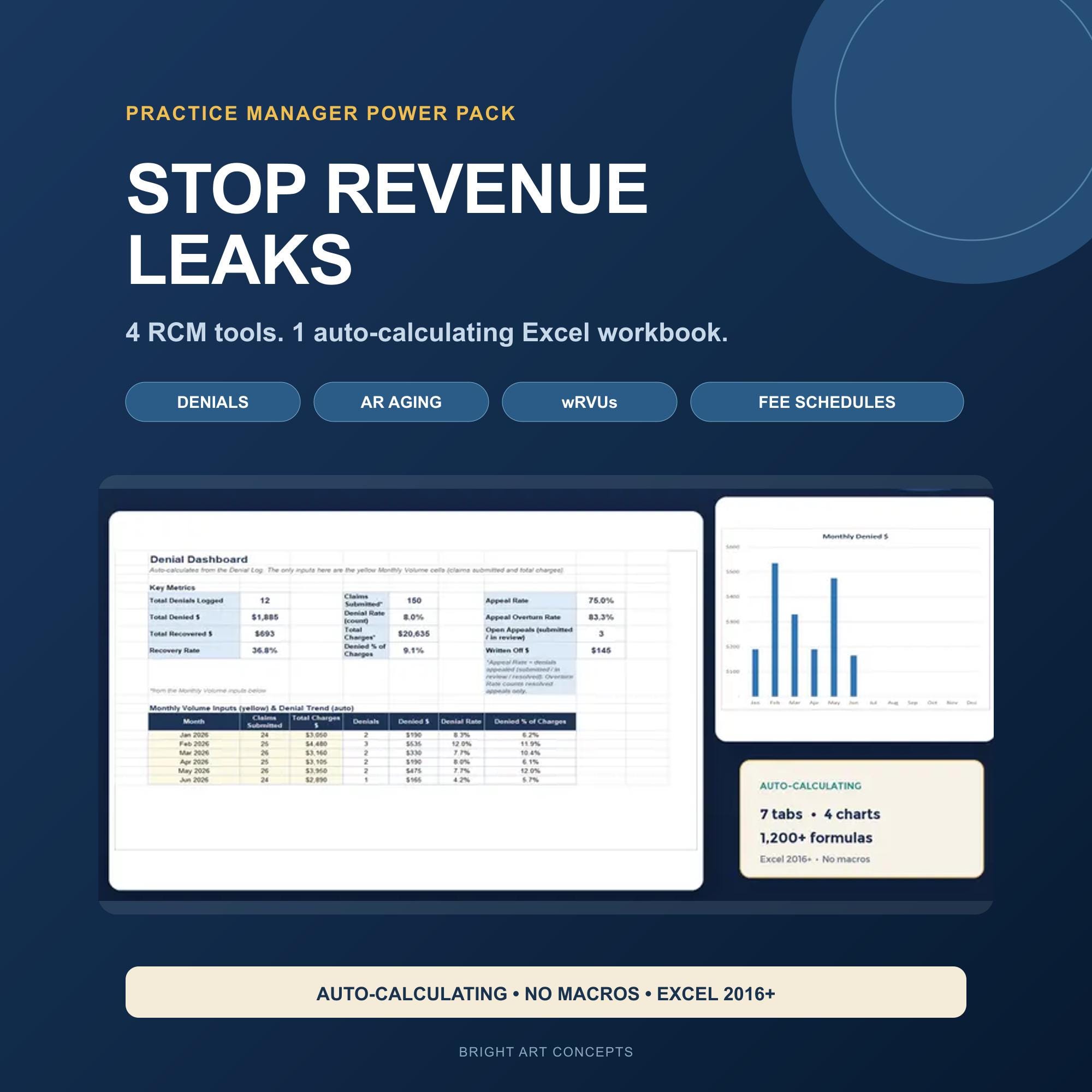 Medical Billing Spreadsheet Bundle, Denial Tracker, AR Aging, wRVU Calculator