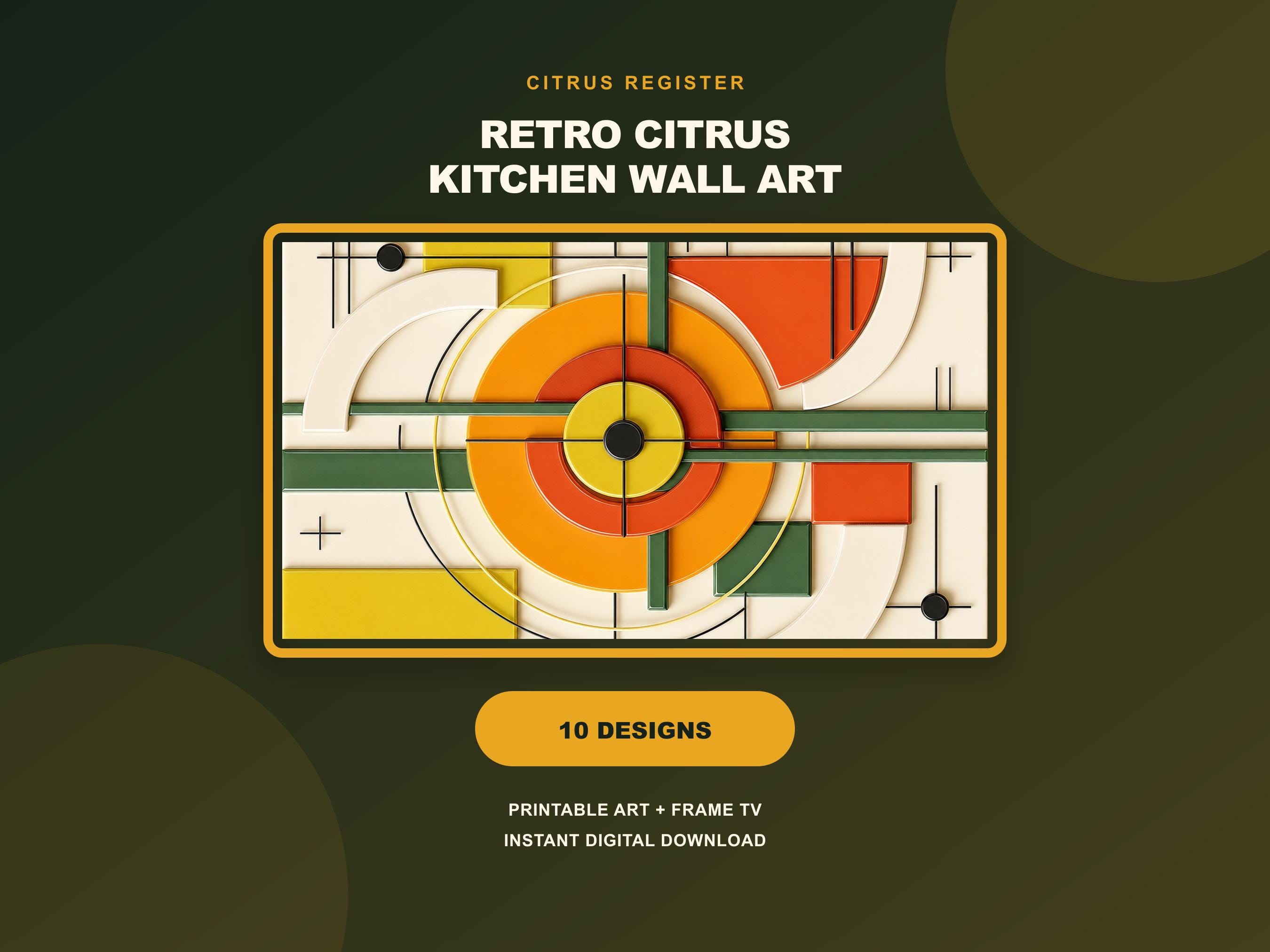 Kitchen Wall Art Printable Set of 10, Retro Citrus Bauhaus Prints, Colorful Decor