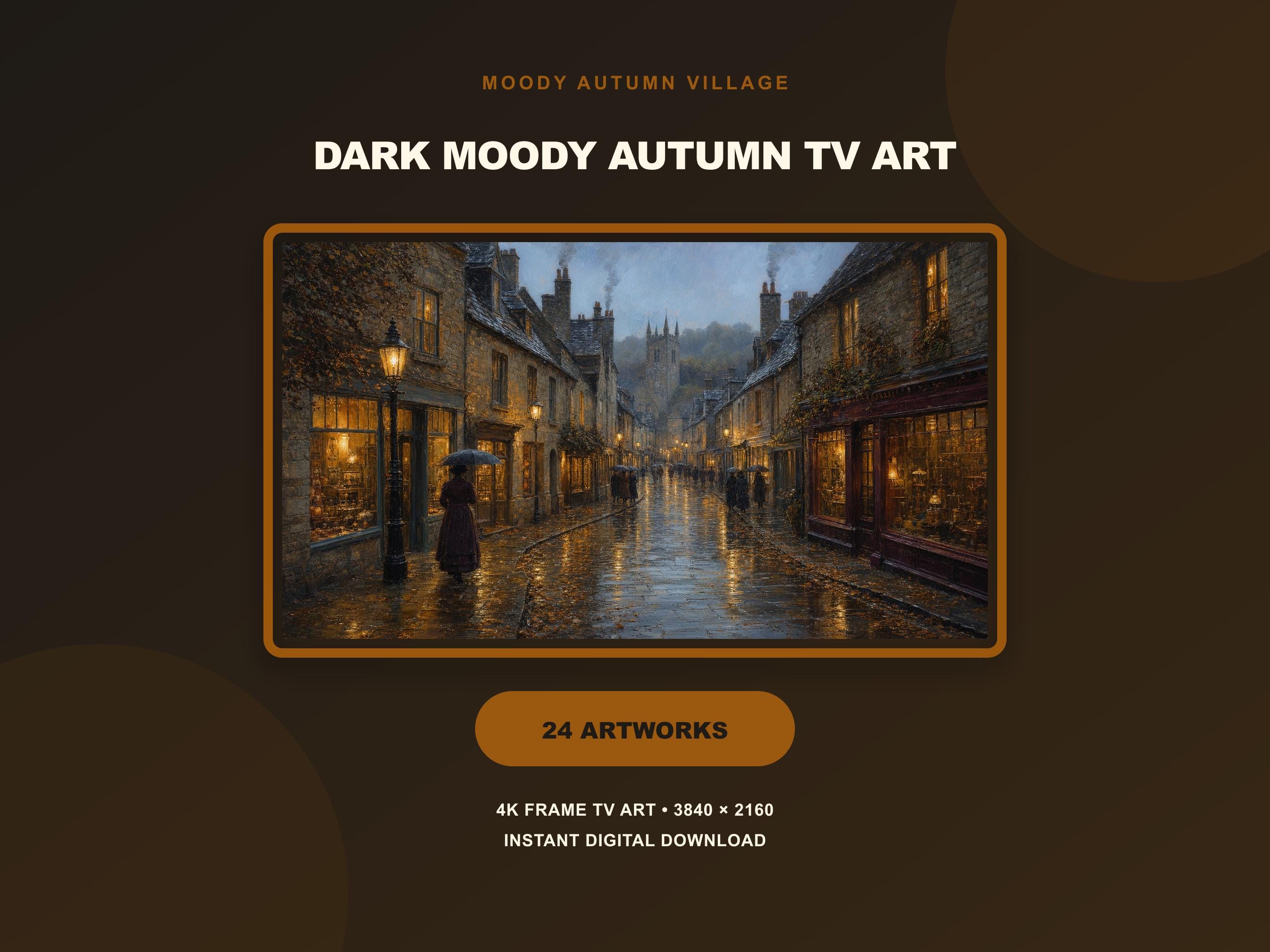 Moody Victorian Village Art, Dark Autumn Scenes, 24 Frame TV Art (Digital Download)