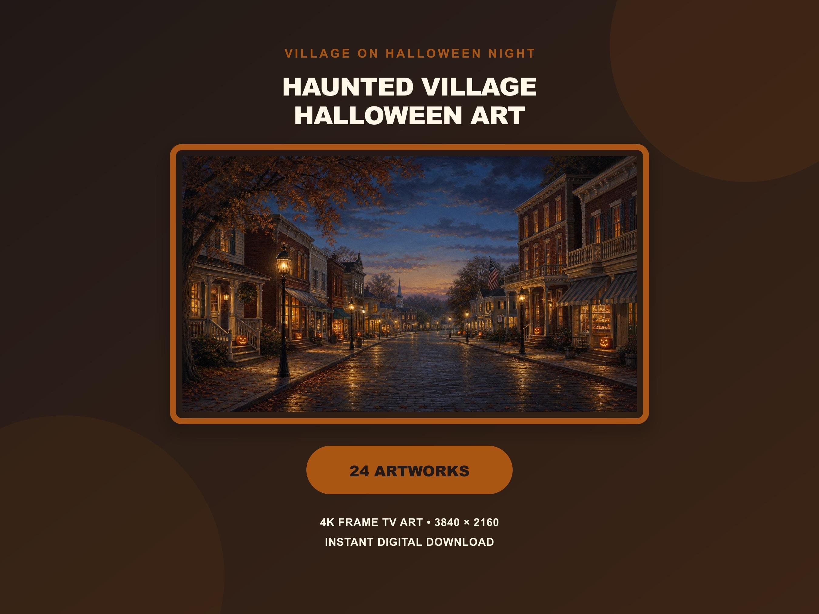 Halloween TV Art Set of 24, Haunted Village Halloween Scenes, Americana Digital Download