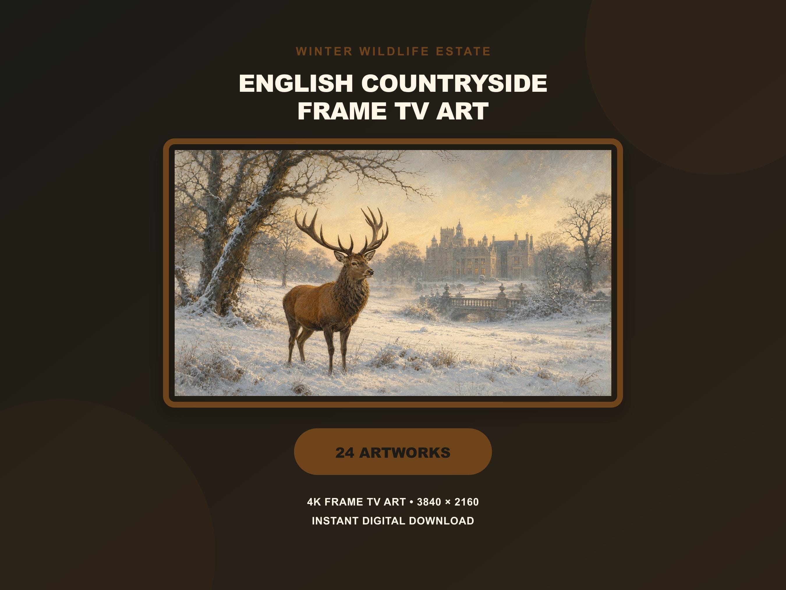 English Countryside Samsung Frame TV Art Set of 24, Vintage Winter Estate Animal Scenes