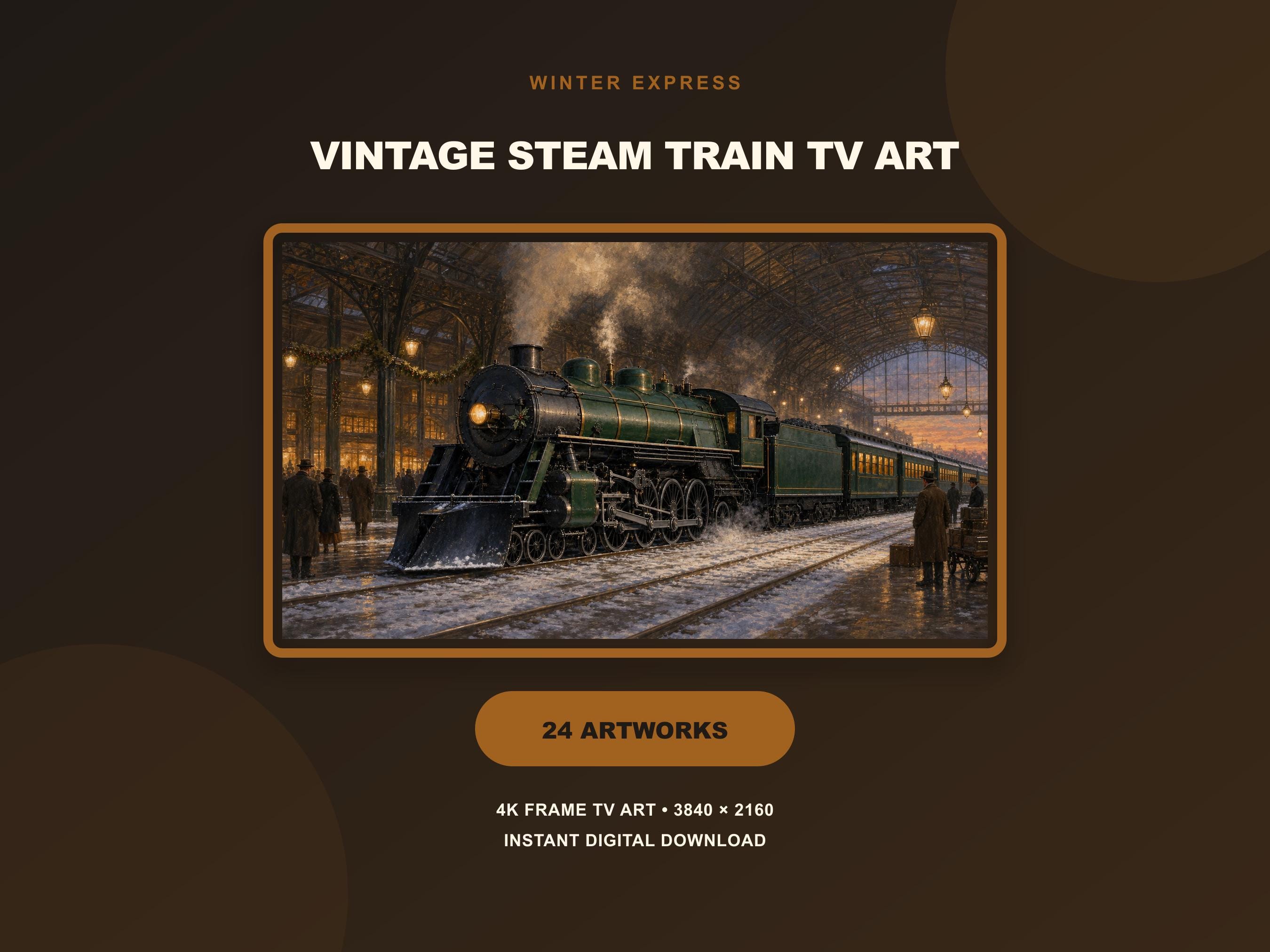 Vintage Steam Train Wall Art Set of 24, Winter Express Christmas Frame TV Art