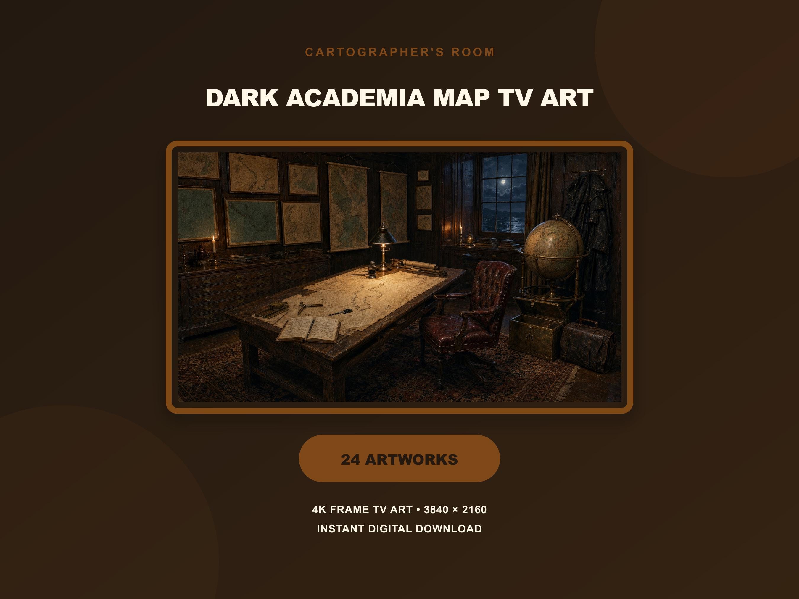 Dark Academia Wall Art Set of 24, Cartographer's Vintage Map Frame TV Art