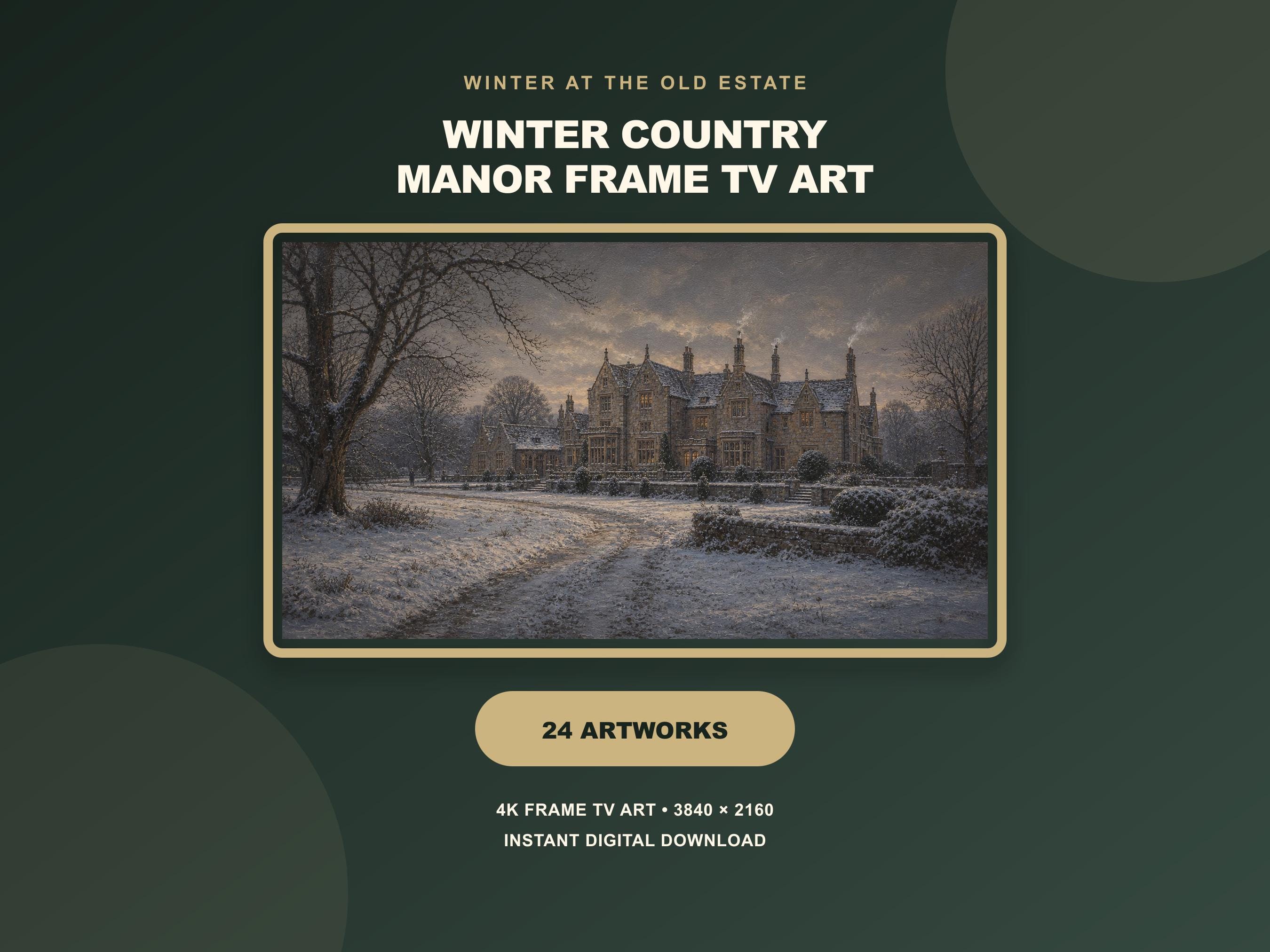 Winter Frame TV Art Set of 24, Vintage English Country Manor Snow Scenes