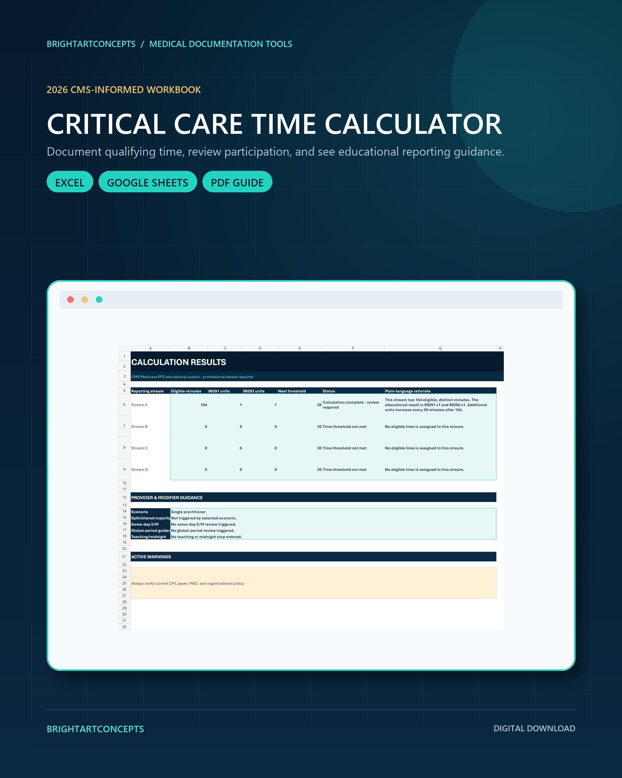 Critical Care Time Calculator Excel, 99291 99292 Documentation Tool for Medical Coders