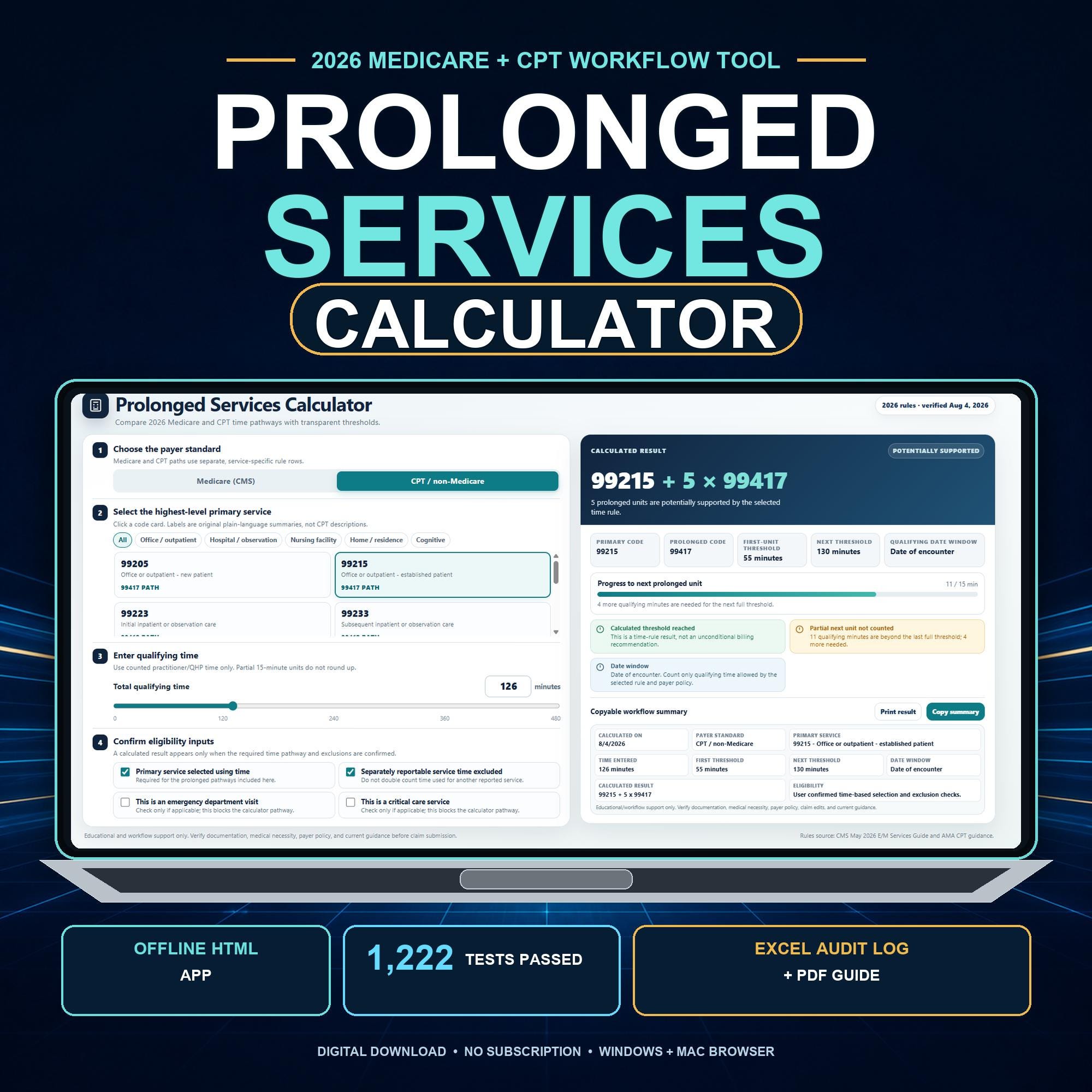 Prolonged Services Calculator 2026, Medicare G2212 and CPT 99417 E/M Medical Coding Tool